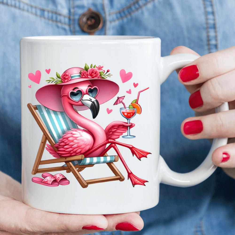 Tailorly White Ceramic 11 oz Mug - Relaxing Tropical Bird Wearing Sun Hat Holding Summer Beverage Pink Flamingo