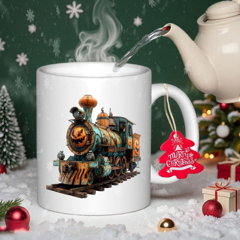 Tailorly White Ceramic 11 oz Mug - Merry Christmas Vintage Steampunk Style Engine Featuring A Spooky Carved Pumpkin Face Train