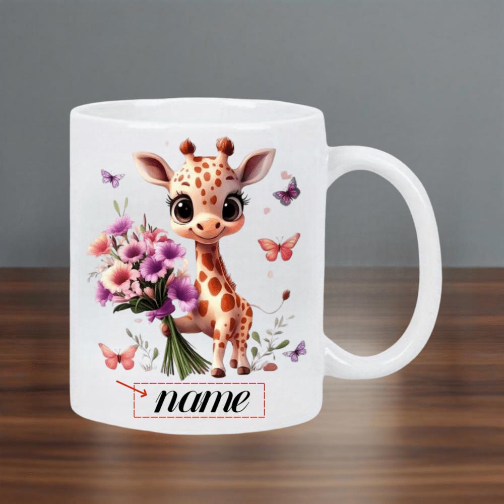 Tailorly White Ceramic 11 oz Mug - Name Adorable Baby Animal Holding Purple Flowers Among Graceful Flying Butterflies Giraffe