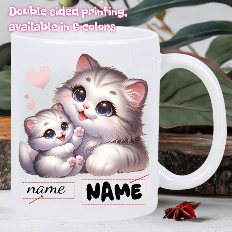 Tailorly White Ceramic 11 oz Mug - Name Fluffy White Cats Sitting With Tiny Pink Hearts Adorable Cartoon Cats