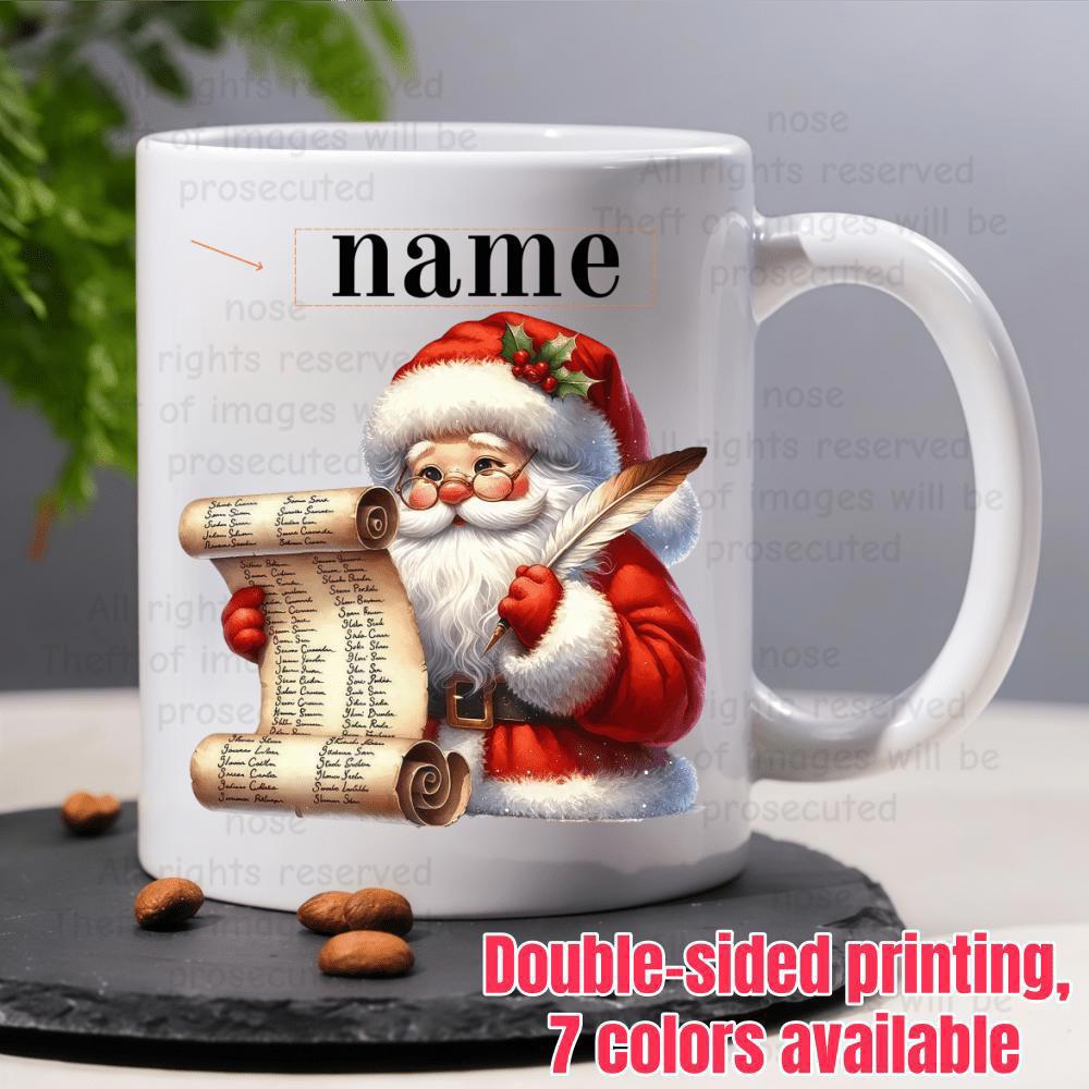 Tailorly White Ceramic 11 oz Mug - Name Festive Classic Santa Holding A Parchment Scroll And Quill Pen Santa