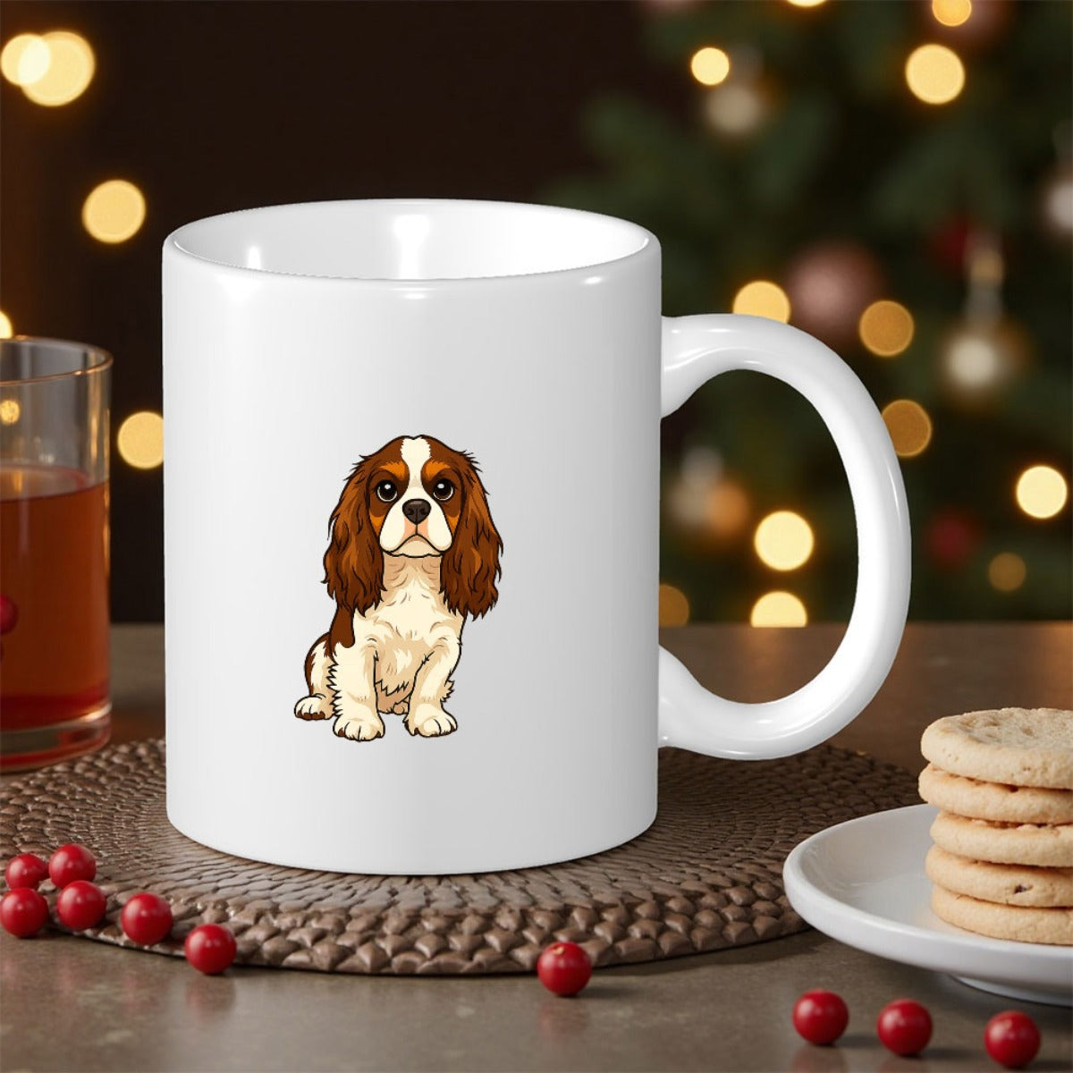 Tailorly White Ceramic 11 oz Mug - Adorable Brown And White Cavalier Spaniel Sitting Calmly On White Background Dog