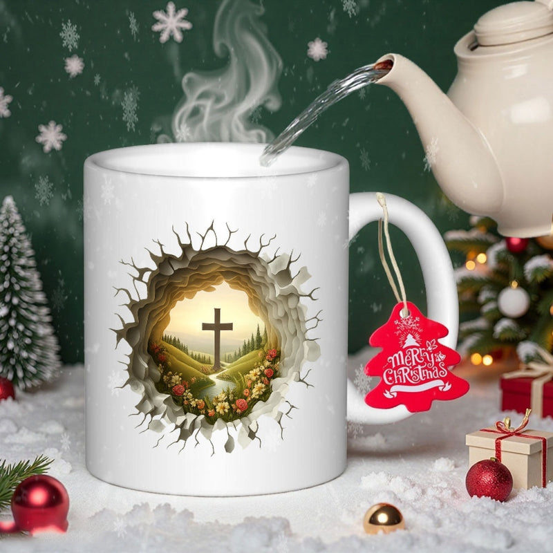 Tailorly White Ceramic 11 oz Mug - Merry Christmas Majestic Scenic Landscape Bursting Through A Broken Ceramic Surface Cross