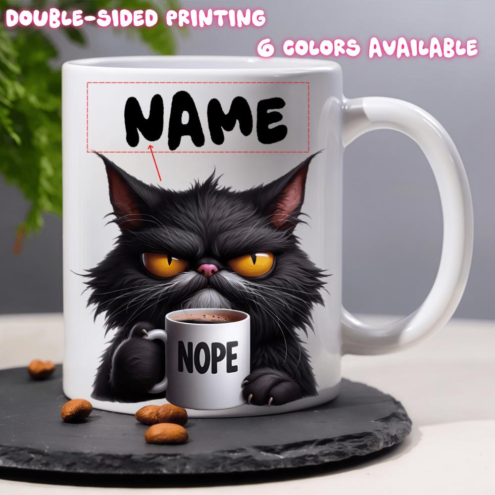 Tailorly White Ceramic 11 oz Mug - Nope Grumpy Black Cat Holding Small Coffee Cup With Intense Yellow Eyes Cat