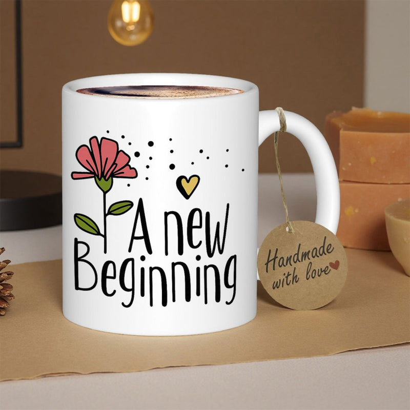 Tailorly White Ceramic 11 oz Mug - A New Beginning Delicate Pink Blooming Petals Among Scattered Dots And Golden Heart Flower