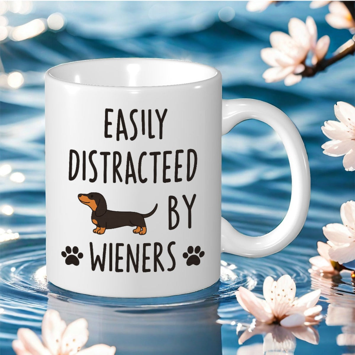 Tailorly White Ceramic 11 oz Mug - Easily Distracted By Wieners Minimalist Cartoon Pet Illustration With Small Paws On Smooth Surface Mug