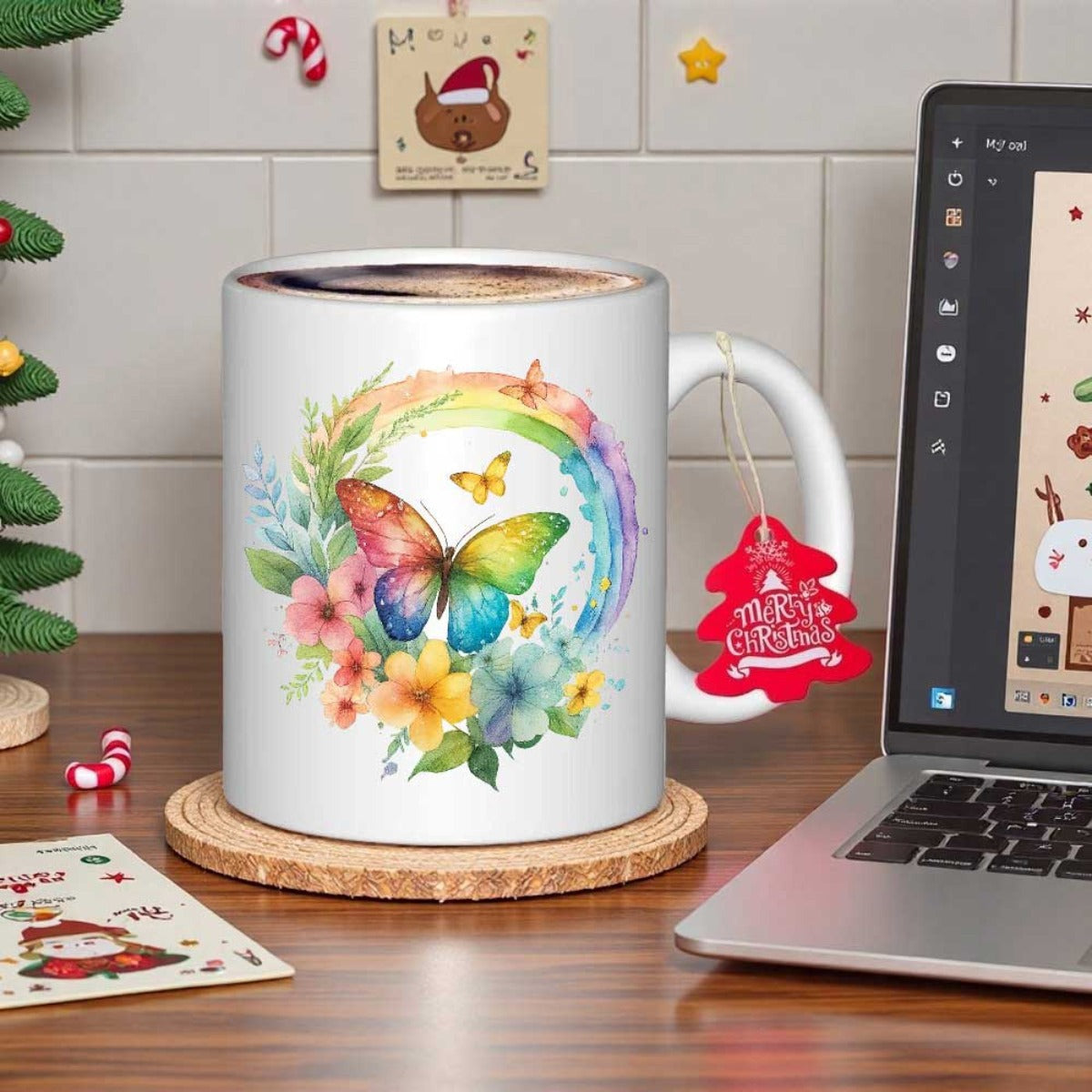 Tailorly White Ceramic 11 oz Mug - Artistic Watercolor Wings Among Blooming Garden Flowers And Rainbow Butterfly