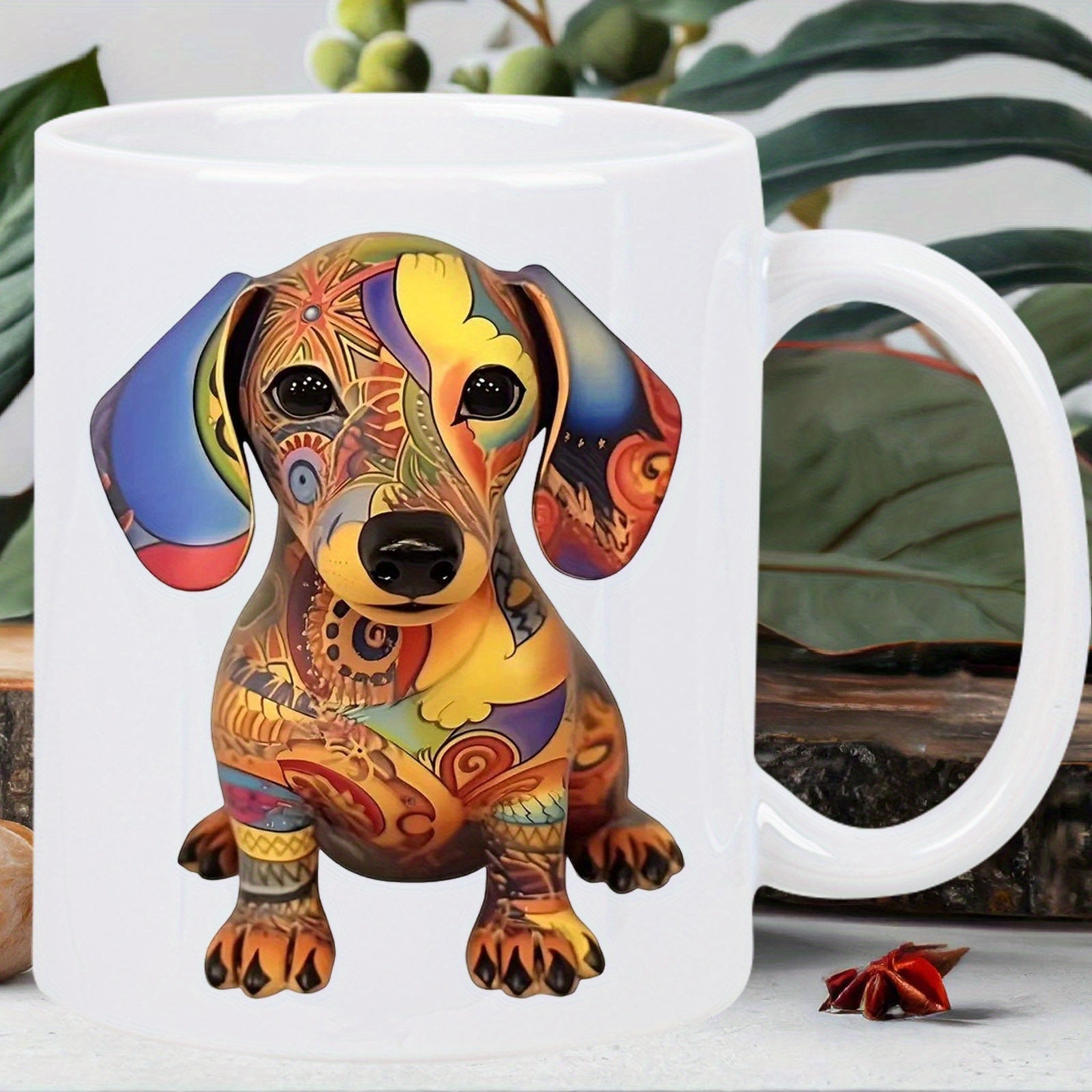 Tailorly White Ceramic 11 oz Mug - Vibrant Colorful Mandala Patterns Adorn This Sitting Small Artistic Puppy Dachshund