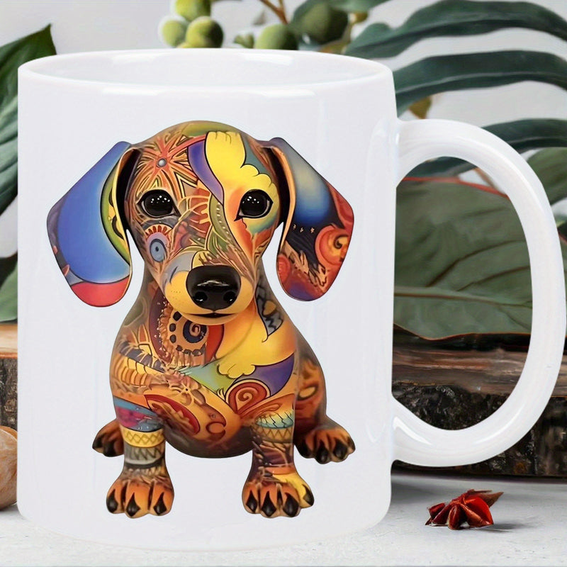 Tailorly White Ceramic 11 oz Mug - Vibrant Colorful Mandala Patterns Adorn This Sitting Small Artistic Puppy Dachshund