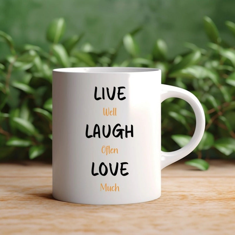 Tailorly White Ceramic 11 oz Mug - Live Well Laugh Often Love Much Elegant Minimalist Typographic Text On A Glossy