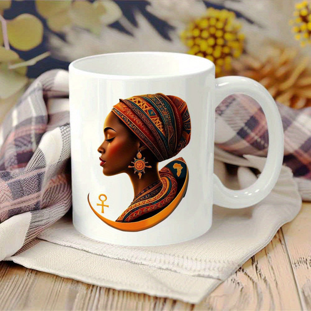 Tailorly White Ceramic 11 oz Mug - Artistic Silhouette Wearing Patterned Headwrap And Ornate Gold Jewelry Profile Woman