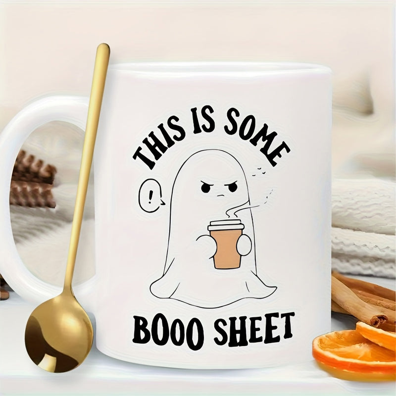 Tailorly White Ceramic 11 oz Mug - This Is Some Booo Sheet Grumpy Cartoon Ghost Holding A Hot Cup Of Coffee Ghost