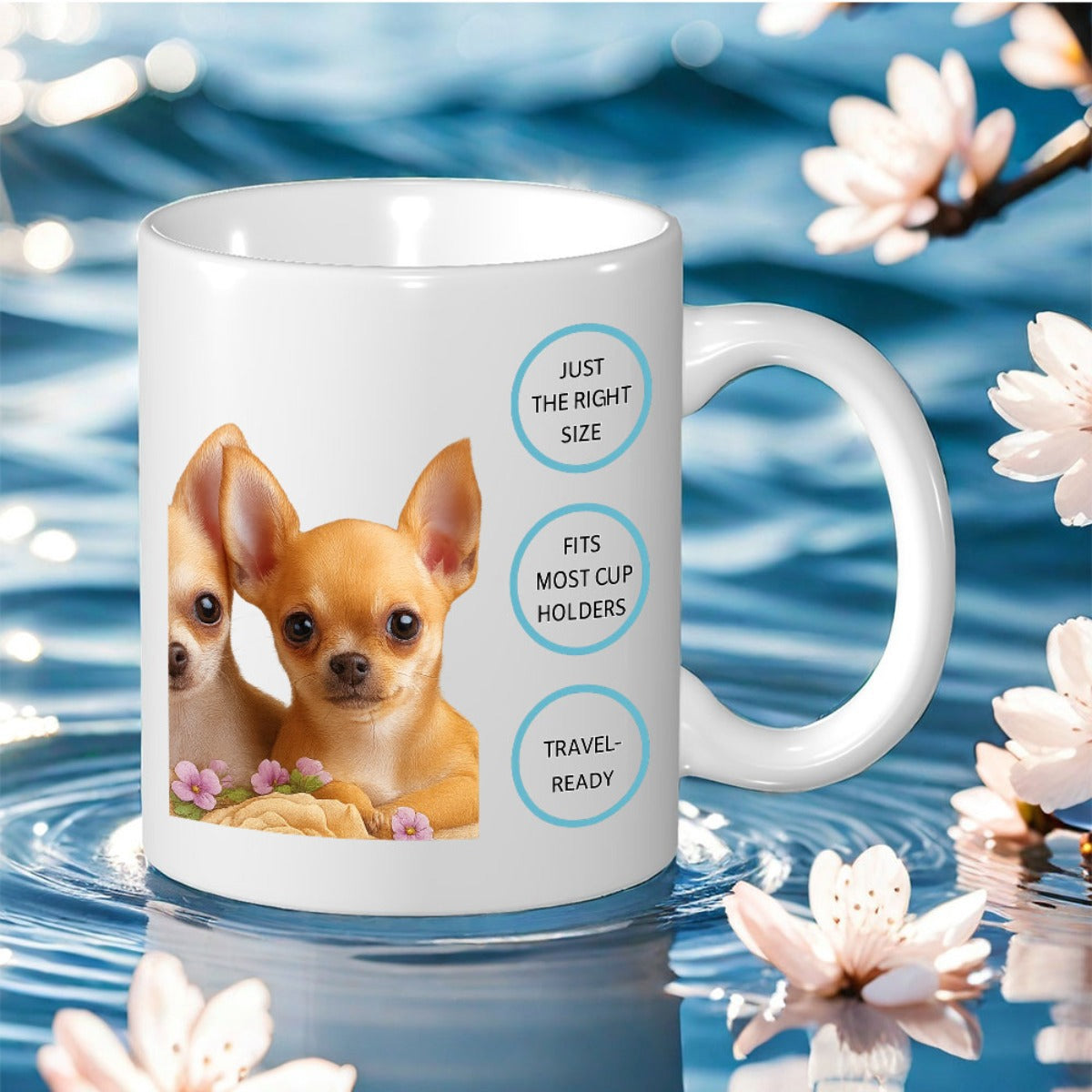 Tailorly White Ceramic 11 oz Mug - Just The Right Size Fits Most Cup Holders Travel Ready Two Adorable Small Puppies Sitting Among Delicate Pink Flowers In
