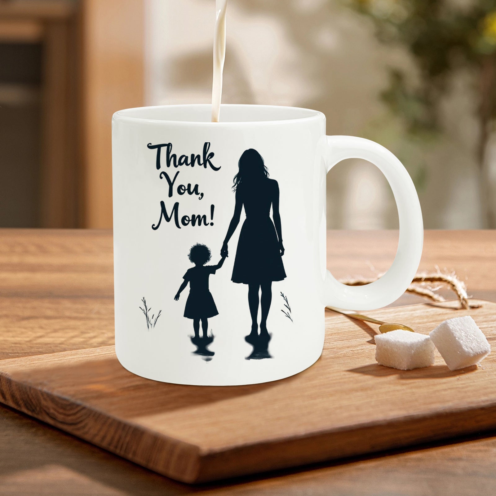 Tailorly White Ceramic 11 oz Mug - Thank You Mom Elegant Mother And Child Holding Hands Walking In Togetherness Silhouette