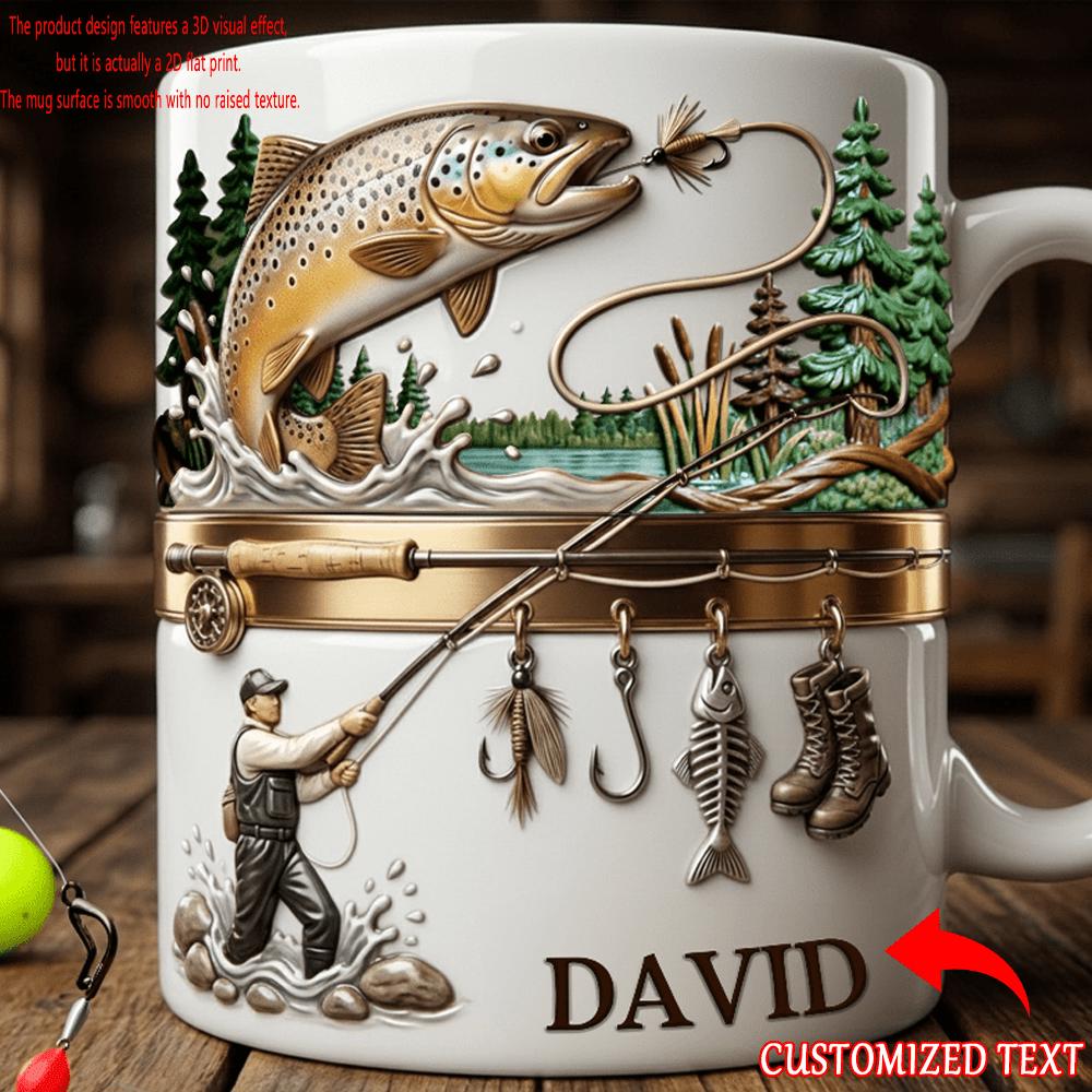 Tailorly White Ceramic 11 oz Mug - David Majestic Jumping Trout Among Pine Trees With Professional Angler Fish