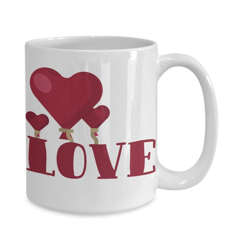 Tailorly White Ceramic 11 oz Mug - Love Vibrant Red Heart Shaped Balloons Floating Above Stylized Bold Letters Mug