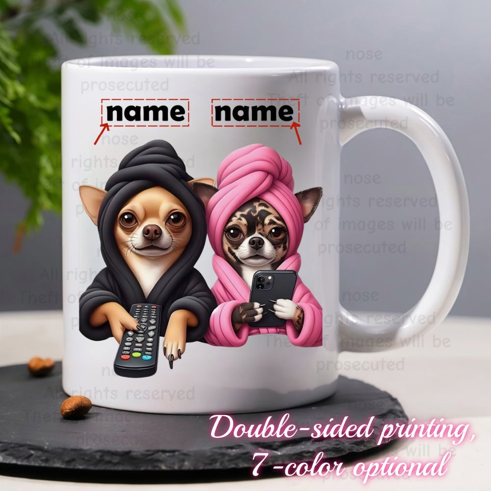 Tailorly White Ceramic 11 oz Mug - Adorable Pair Of Puppies Relaxing In Spa Robes With Phone Chihuahua