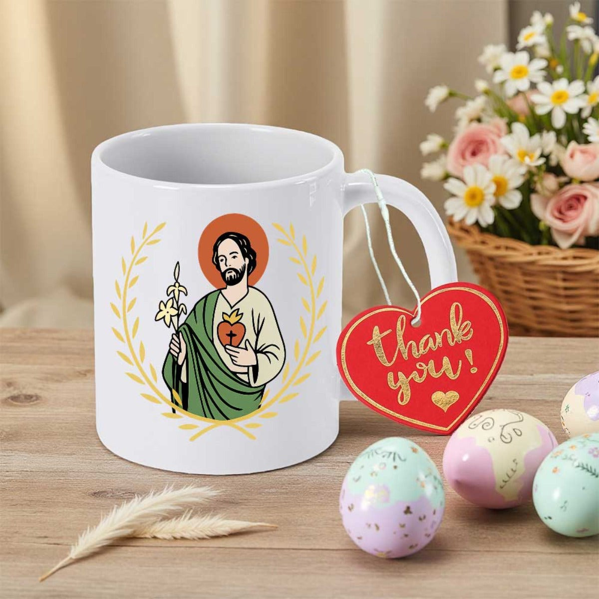 Tailorly White Ceramic 11 oz Mug - Thank You Sacred Figure With Green Robes And Golden Laurel Wreath Saint