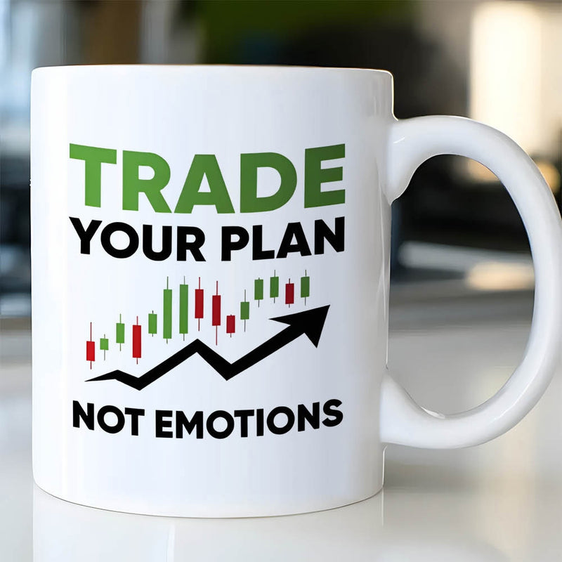 Tailorly White Ceramic 11 oz Mug - Trade Your Plan Not Emotions Rising Financial Candlestick Graph With Solid Black Arrow Pointing Upward Chart