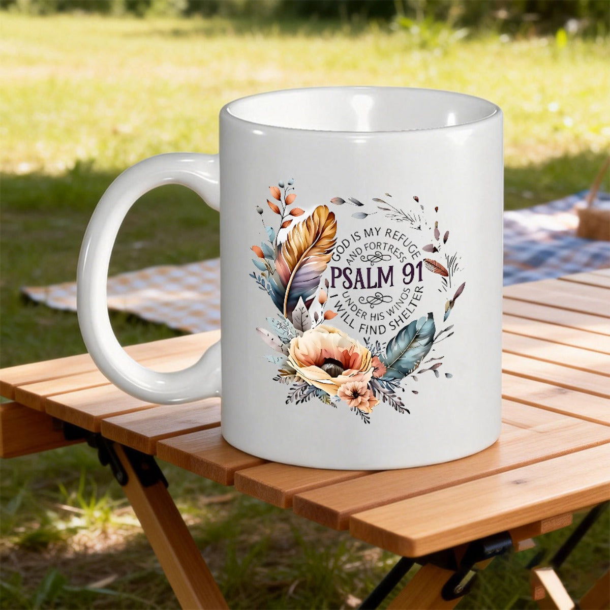 Tailorly White Ceramic 11 oz Mug - Psalm 91 God Is My Refuge And Fortress Under His Wings I Will Find Shelter Delicate Watercolor Floral Wreath Surrounded By