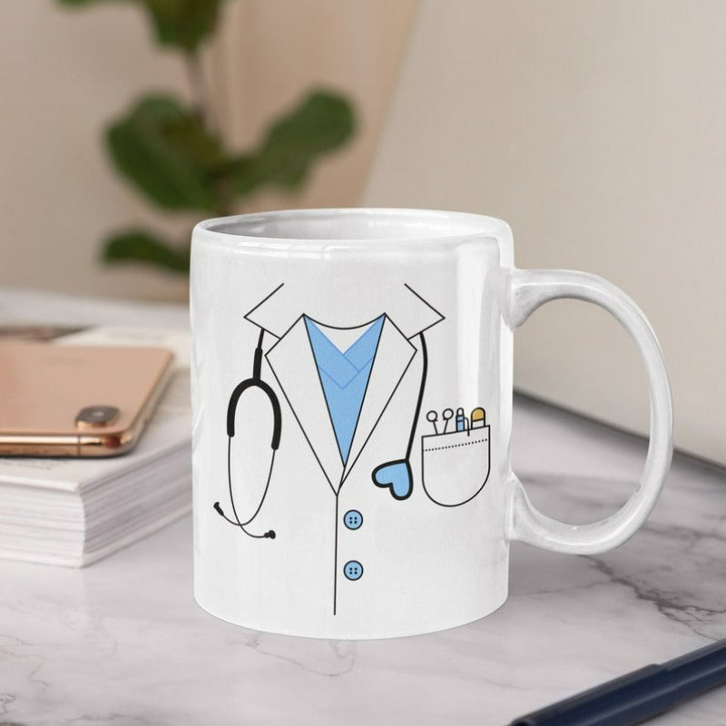 Tailorly White Ceramic 11 oz Mug - White Medical Lab Coat With Stethoscope And Blue Scrub Top Professional Doctor