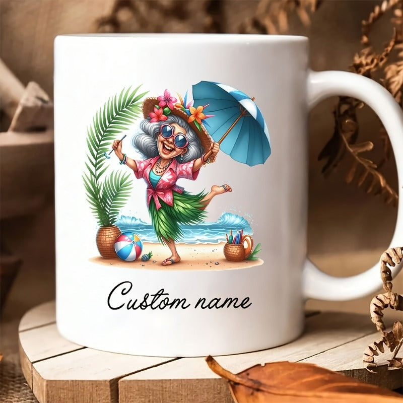Tailorly White Ceramic 11 oz Mug - Custom Name Happy Senior Lady Dancing On Sandy Beach Under Blue Parasol Lady