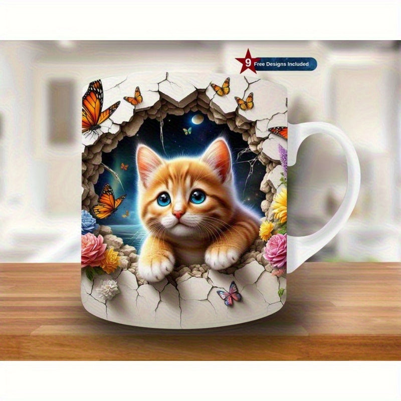 Tailorly White Ceramic 11 oz Mug - Adorable Orange Tabby Kitten Emerging From Cracked Concrete Wall With Flowers Cat