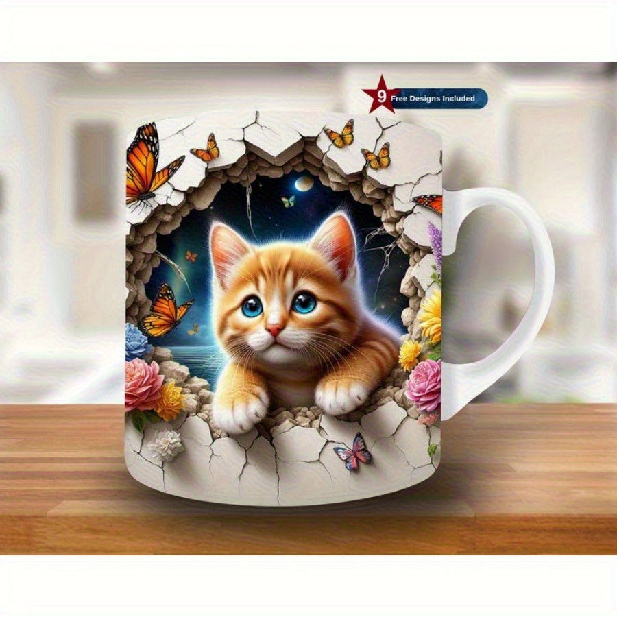 Tailorly White Ceramic 11 oz Mug - Adorable Orange Tabby Kitten Emerging From Cracked Concrete Wall With Flowers Cat