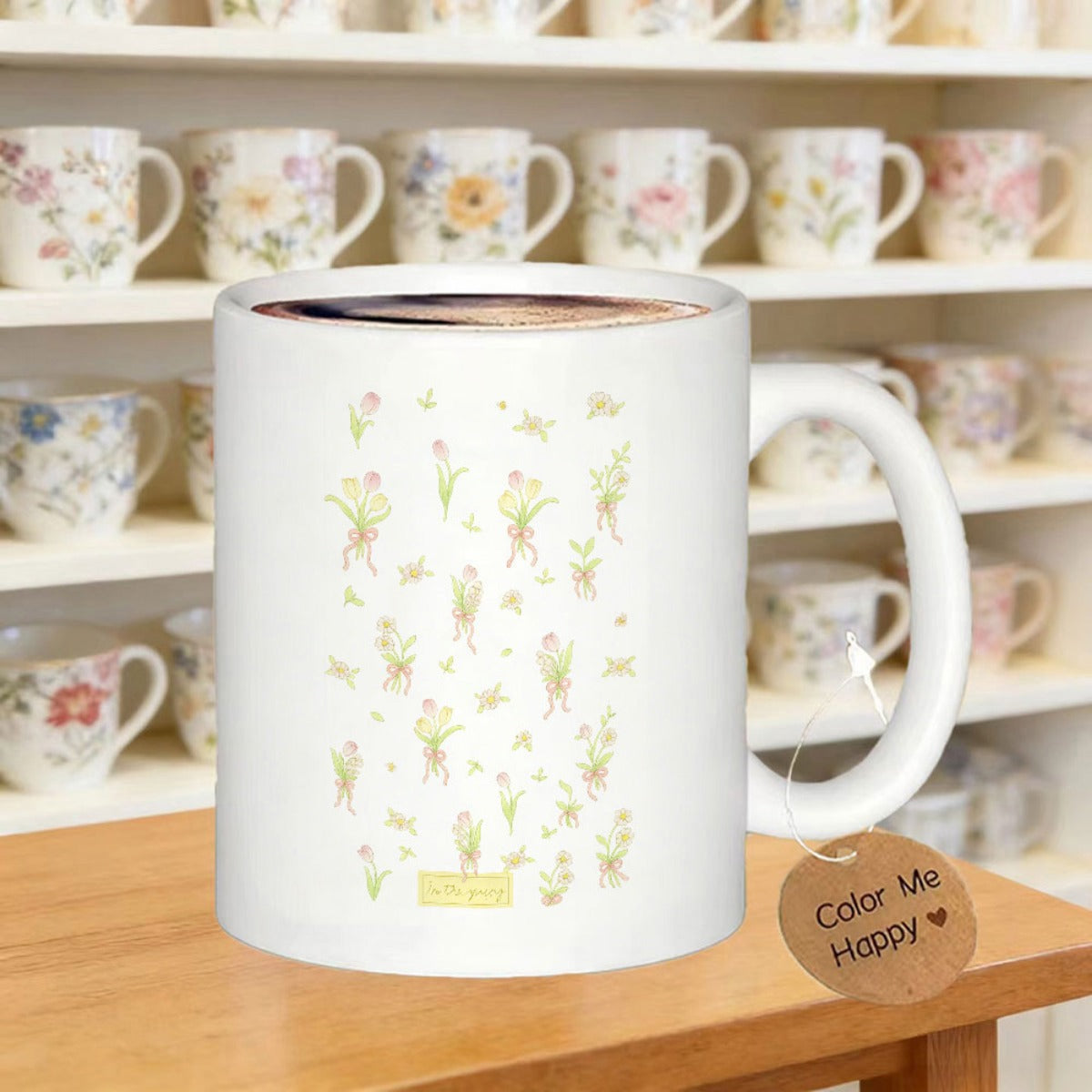 Tailorly White Ceramic 11 oz Mug - Color Me Happy Yellow Delicate Watercolor Flowers Scattered Gracefully Across A Pure White Surface Flower