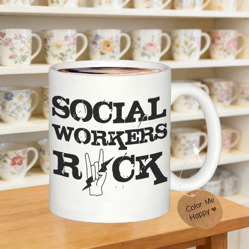 Tailorly White Ceramic 11 oz Mug - Social Workers Rock Bold Distressed Black Typography Featuring Iconic Horns Gesture Hand