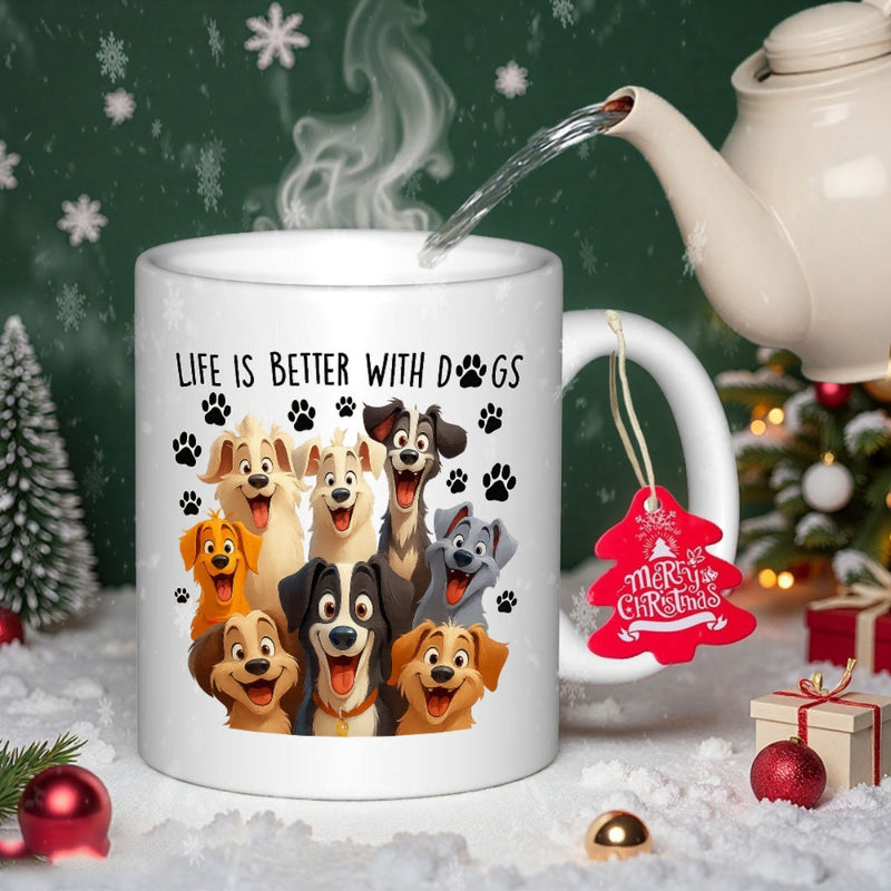Tailorly White Ceramic 11 oz Mug - Life Is Better With Dogs Cartoon Characters Smiling Happily Within A Festive Winter Holiday Atmosphere Dog