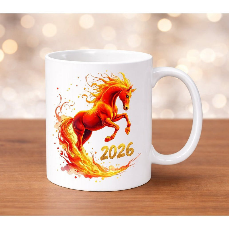 Tailorly White Ceramic 11 oz Mug - Majestic Galloping Fire Horse With Vibrant Glowing Flames And Golden Textures Horse