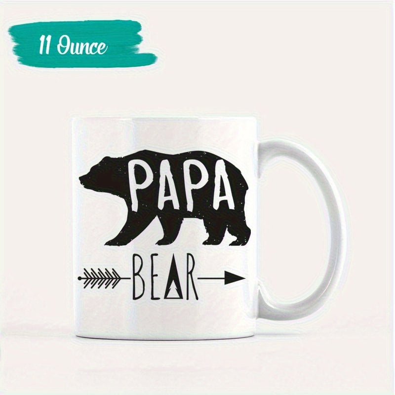 Tailorly White Ceramic 11 oz Mug - Papa Bear Sturdy Animal Silhouette With Decorative Arrow Design And Tribal Accents Bear