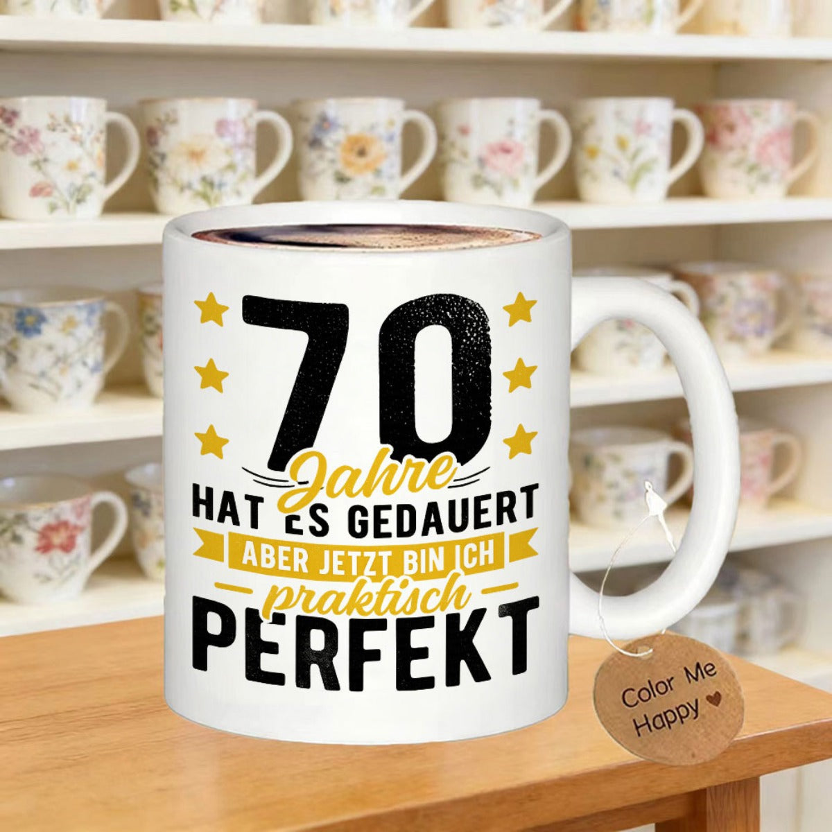 Tailorly White Ceramic 11 oz Mug - Bold Number Seventy Surrounded By Golden Stars And Decorative Banner Mug