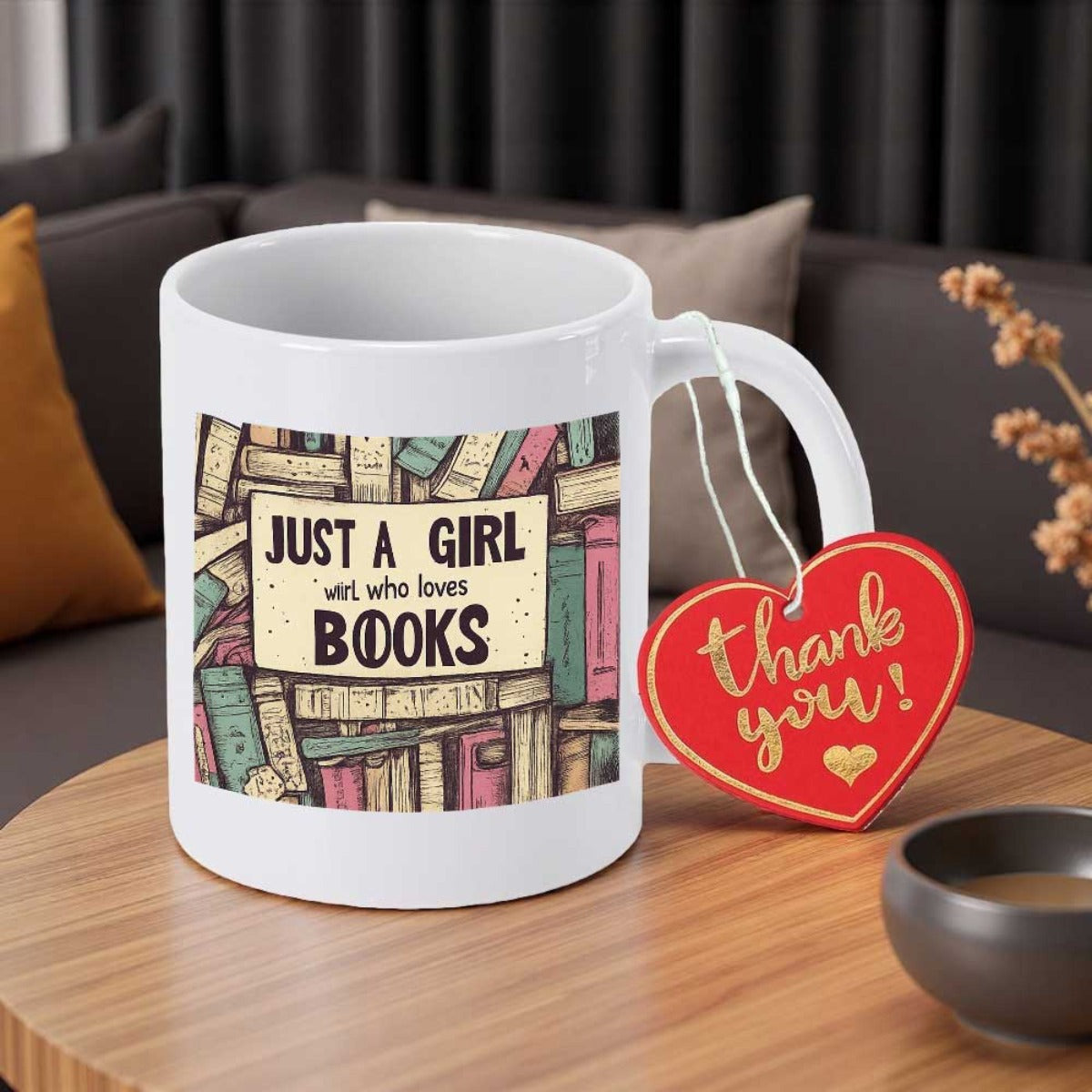 Tailorly White Ceramic 11 oz Mug - Just A Girl Who Loves Books Colorful Vintage Library Stacks Featuring Detailed Paper Spines Behind Framed Text Books