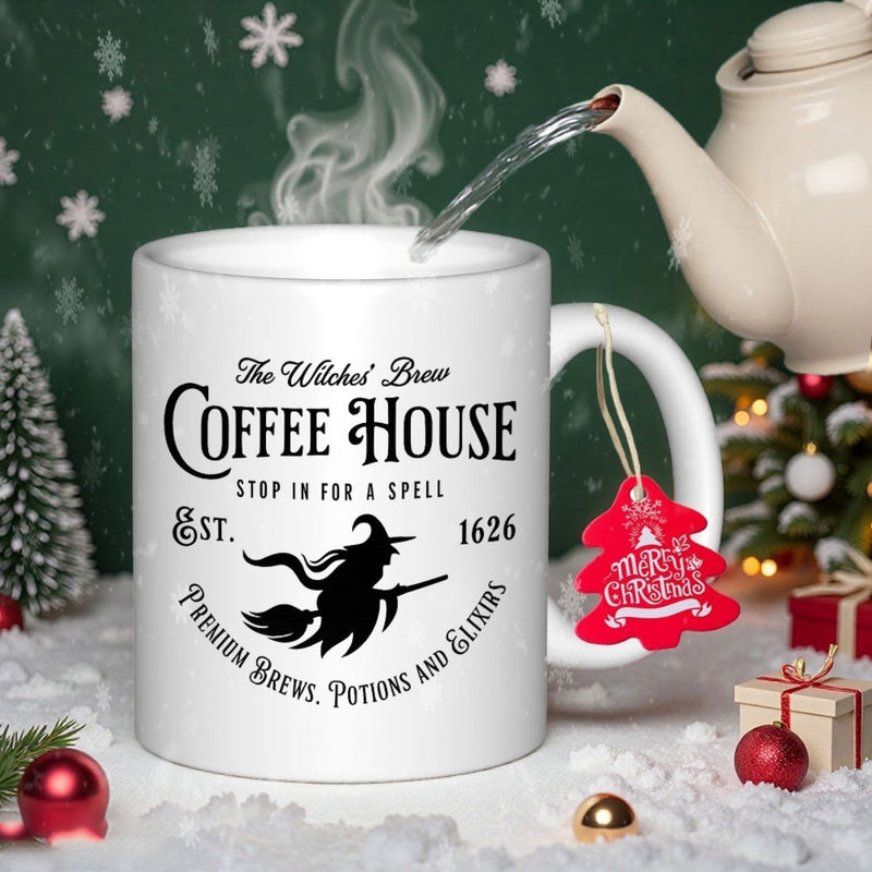 Tailorly White Ceramic 11 oz Mug - The Witches Brew Coffee House Vintage Silhouette Of A Flying Witch On A Broomstick Across The Sky Witch