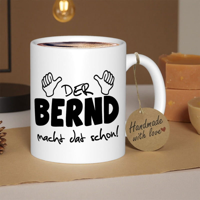 Tailorly White Ceramic 11 oz Mug - Two Cartoon Hands Pointing Inward To Highlight Central Bold Name Hands