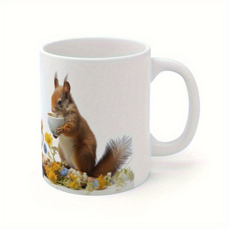 Tailorly White Ceramic 11 oz Mug - Charming Little Red Squirrel Holding Cup Among Beautiful Spring Blossoms Squirrel