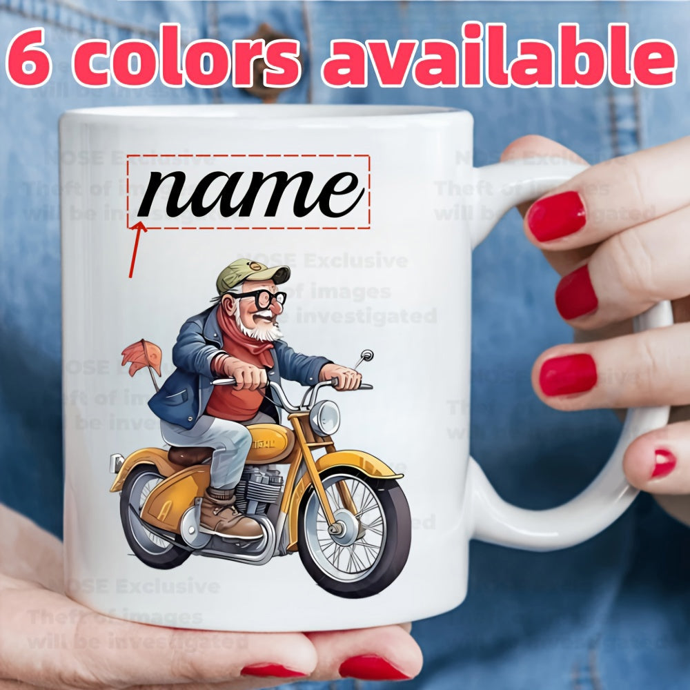 Tailorly White Ceramic 11 oz Mug - Name Cheerful Elderly Man Riding A Vintage Yellow Motorcycle On Road Motorcycle