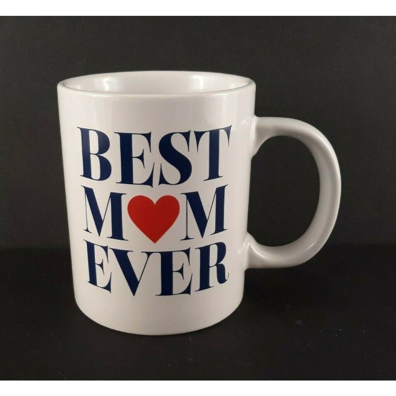 Tailorly White Ceramic 11 oz Mug - Best Mom Ever Simple Red Heart Symbol Centered Between Bold Stencil Style Letters Mug