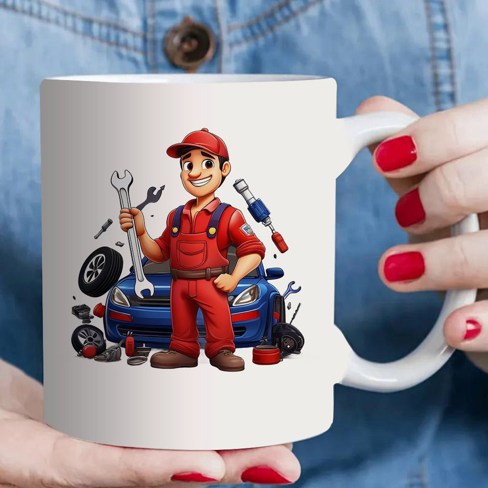 Tailorly White Ceramic 11 oz Mug - Skilled Cartoon Professional Wearing Red Overalls Holding Wrench Before Modern Blue Car Mechanic