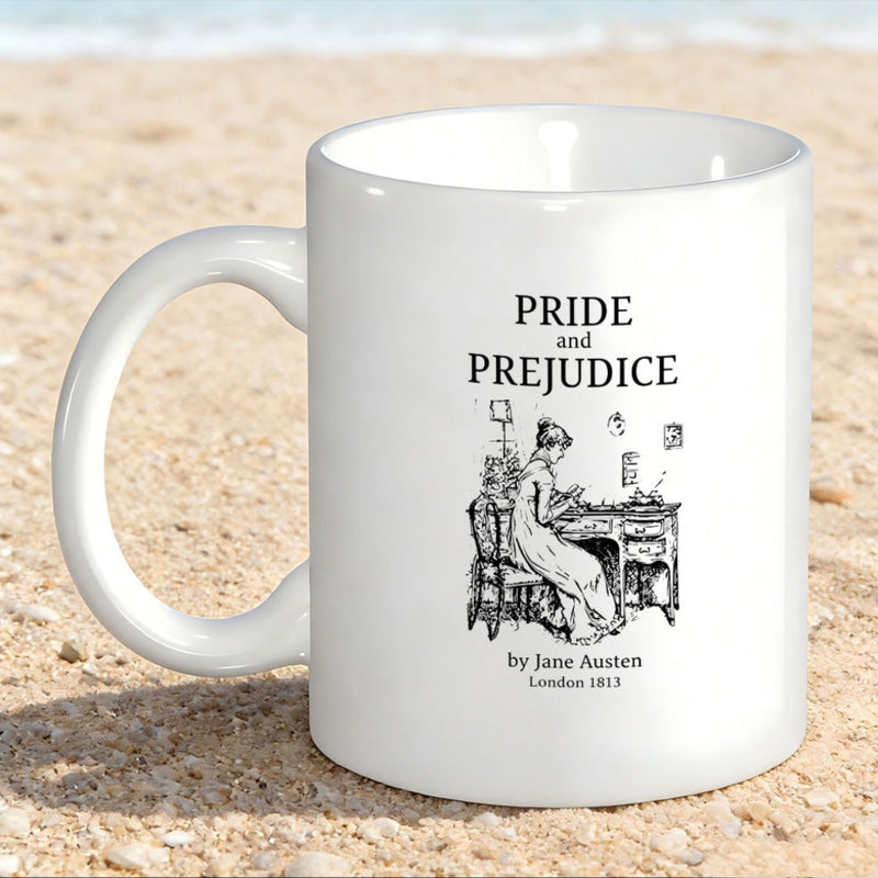 Tailorly White Ceramic 11 oz Mug - Pride And Prejudice Jane Austen London 1813 Vintage Monochrome Illustration Of A Victorian Lady Writing On A Desk Woman