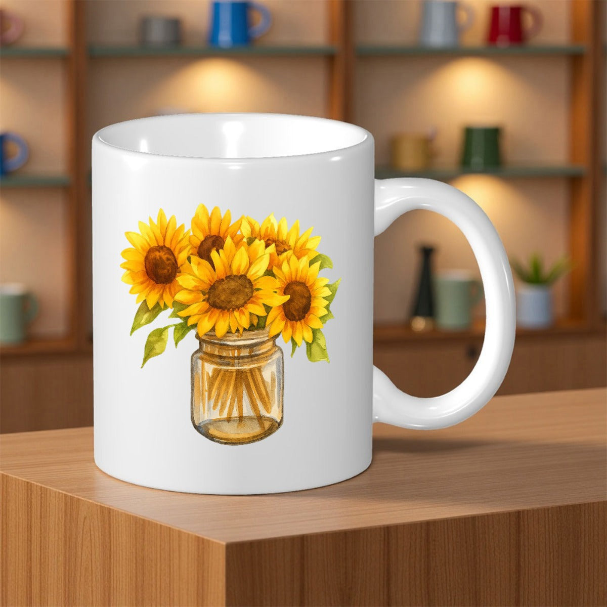 Tailorly White Ceramic 11 oz Mug - Golden Yellow Sunflowers Blooming Gracefully Within A Clear Glass Mason Jar Sunflower