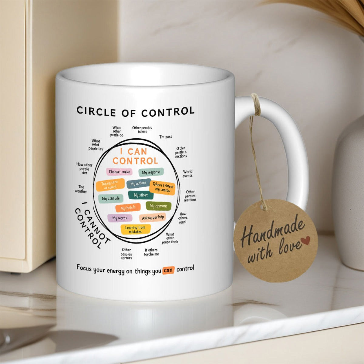 Tailorly White Ceramic 11 oz Mug - Circle Of Control Focus Your Energy On Things You Can Control Minimalist Black Circular Outlines With Colorful Text Labels Mug