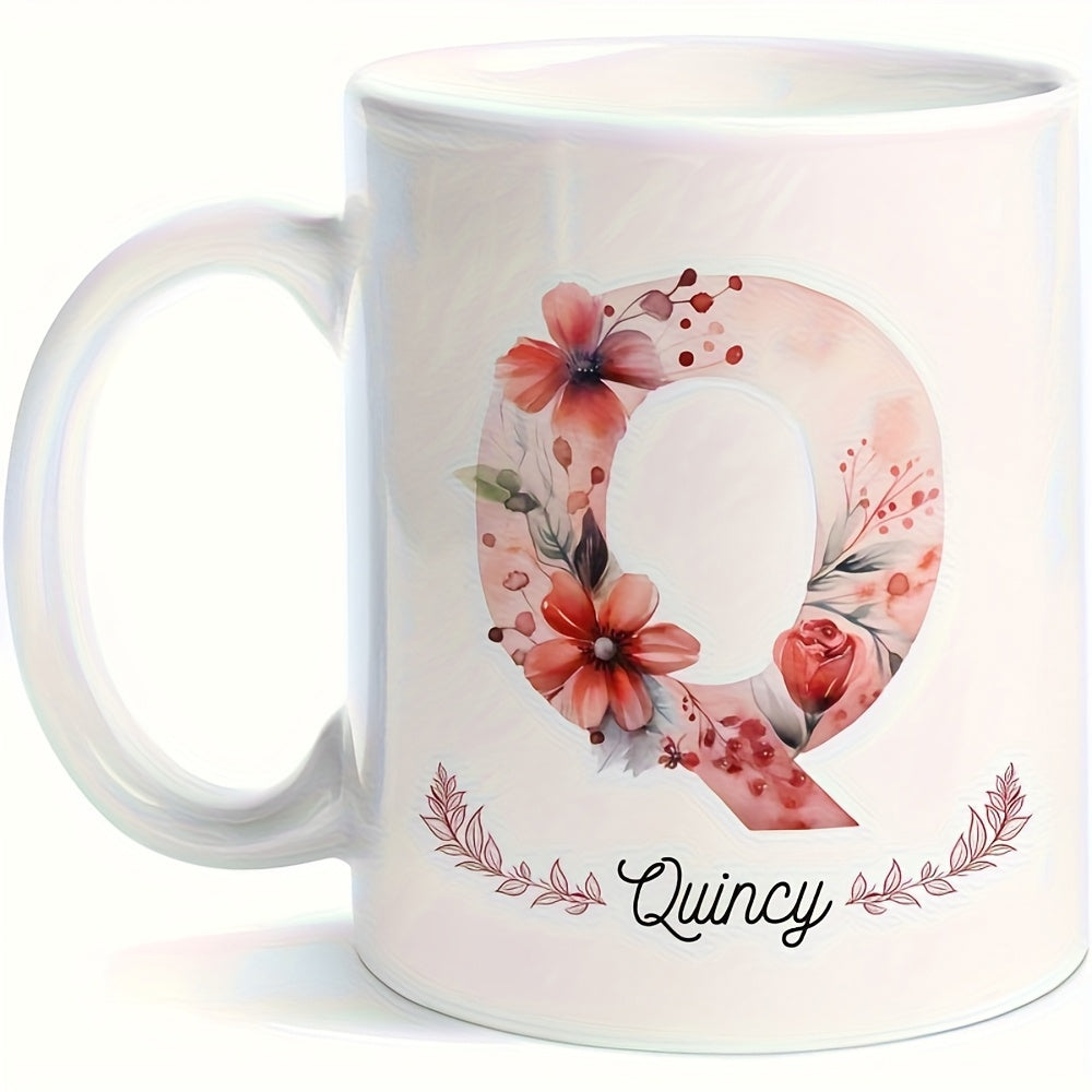 Tailorly White Ceramic 11 oz Mug - Quincy Delicate Watercolor Flowers Nestled Within A Soft Pink Floral Letter