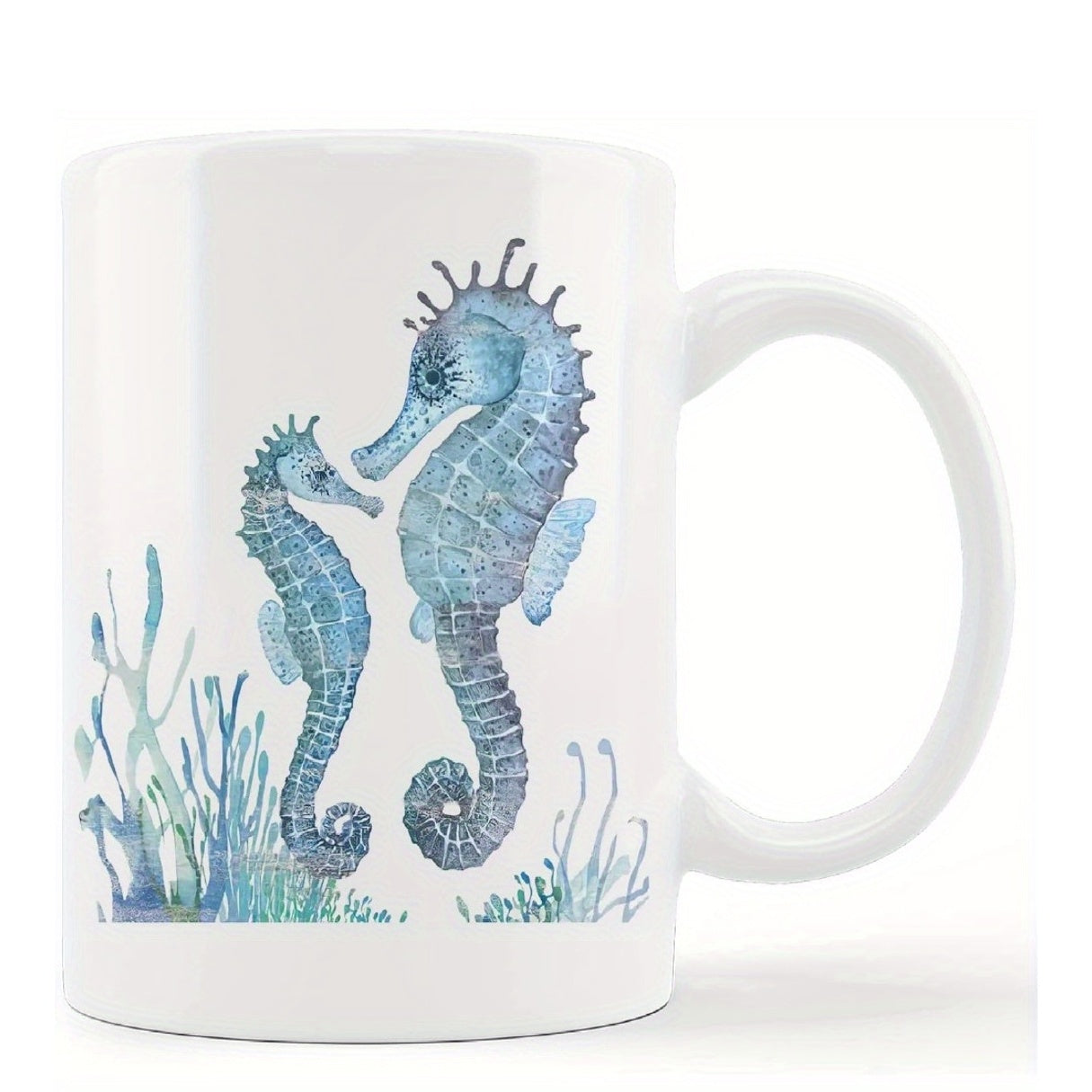 Tailorly White Ceramic 11 oz Mug - Elegant Blue Watercolor Aquatic Creatures Swimming Among Gentle Ocean Coral Reef Seahorse