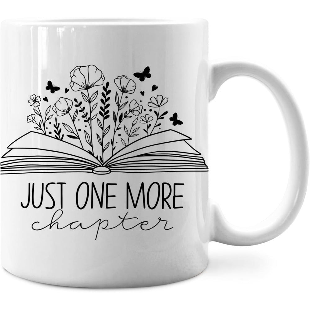Tailorly White Ceramic 11 oz Mug - Just One More Chapter Delicate Wildflowers Growing From An Open Bound Book