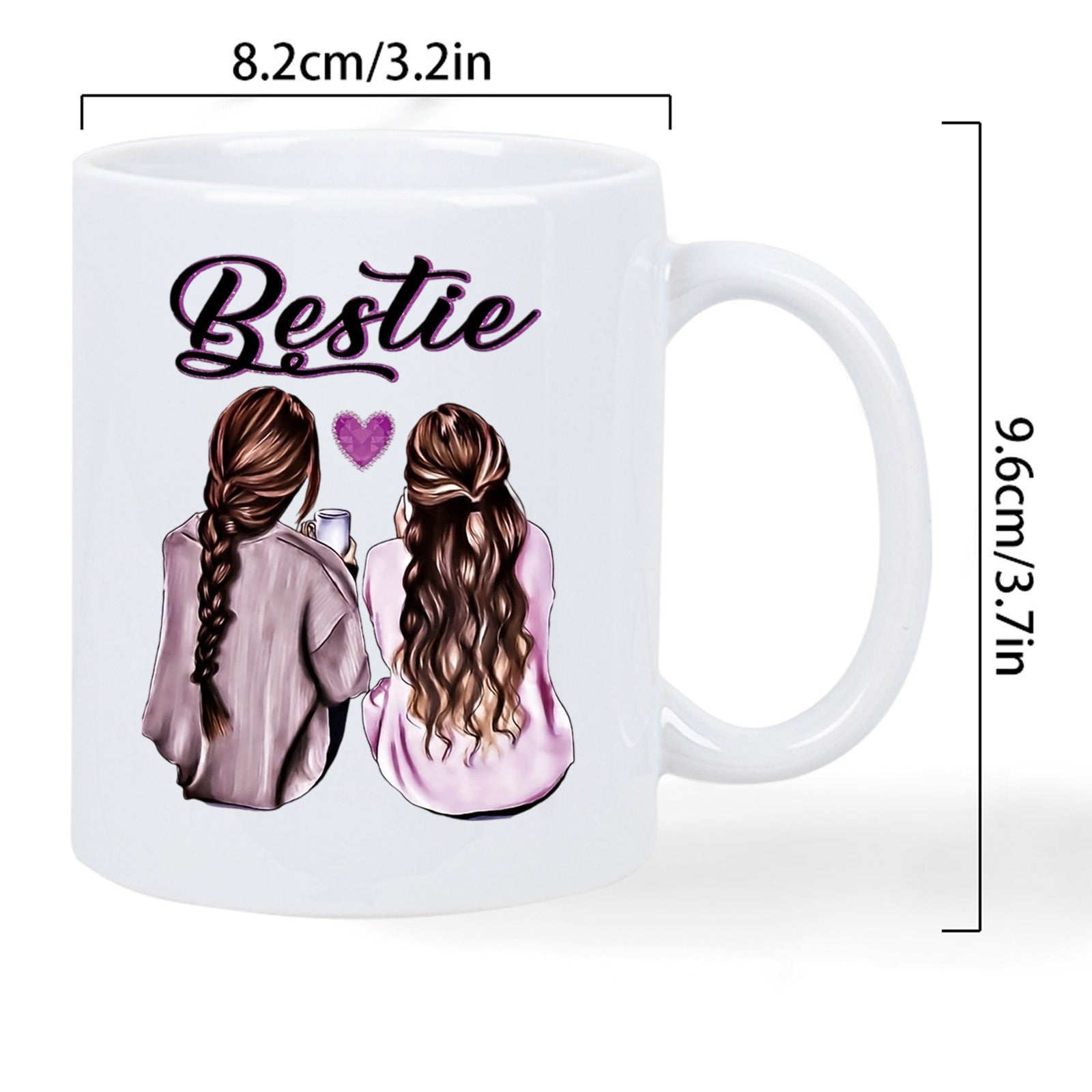 Tailorly White Ceramic 11 oz Mug - Bestie Two Friends With Long Hair Sitting Together Under A Heart Symbol Girls