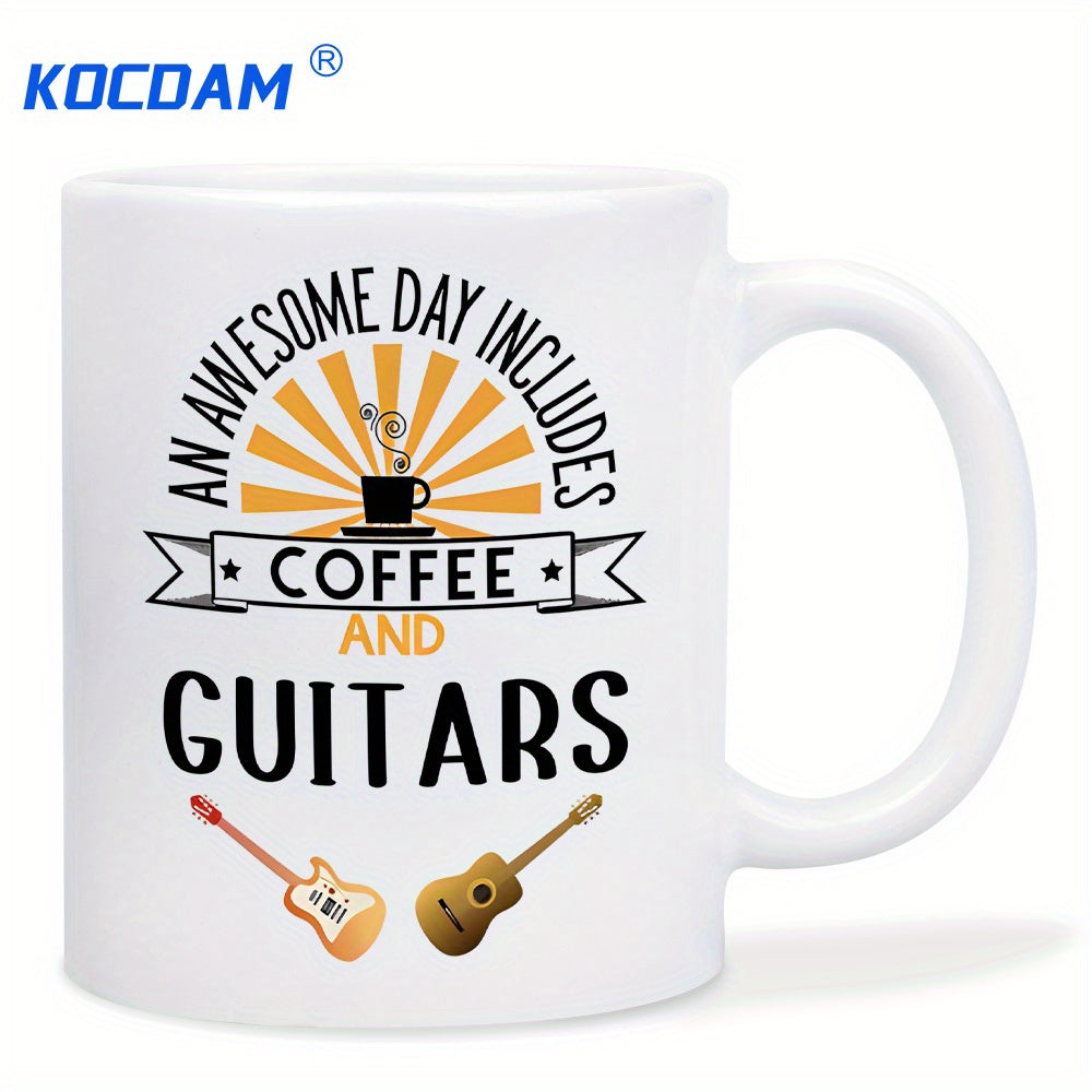 Tailorly White Ceramic 11 oz Mug - An Awesome Day Includes Coffee And Guitars Golden Sunburst Behind Steaming Coffee Cup And Two Musical Instruments Guitar