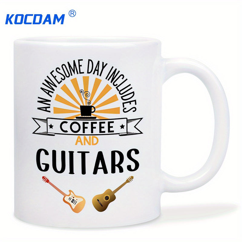 Tailorly White Ceramic 11 oz Mug - An Awesome Day Includes Coffee And Guitars Golden Sunburst Behind Steaming Coffee Cup And Two Musical Instruments Guitar